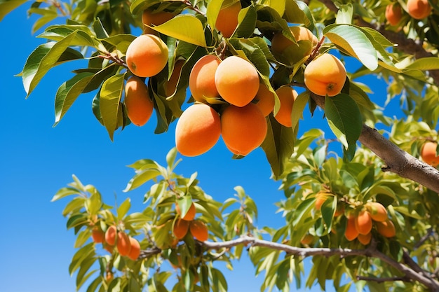 Mango trees laden with ripe fruit against a blue sky backdrop