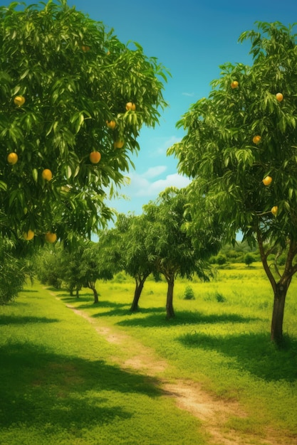 Манговые деревья с фруктами в ряду в природе, созданные с использованием генеративной технологии искусственного интеллекта