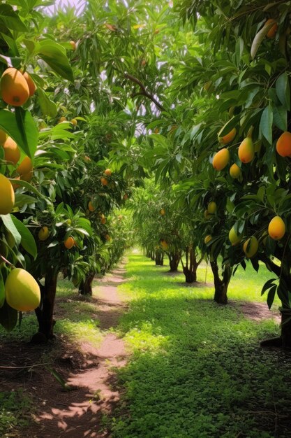 Mango trees with fruit in row in nature created using generative ai technology