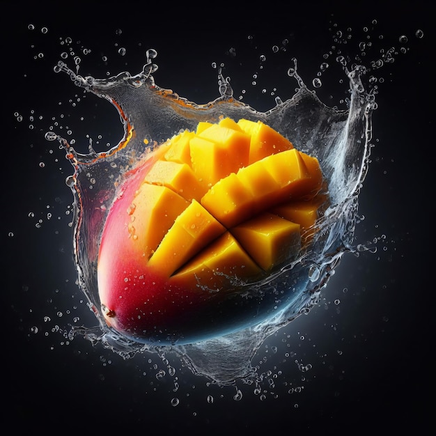 Foto mango vrucht met water spatten op donkere achtergrond 3d rendering