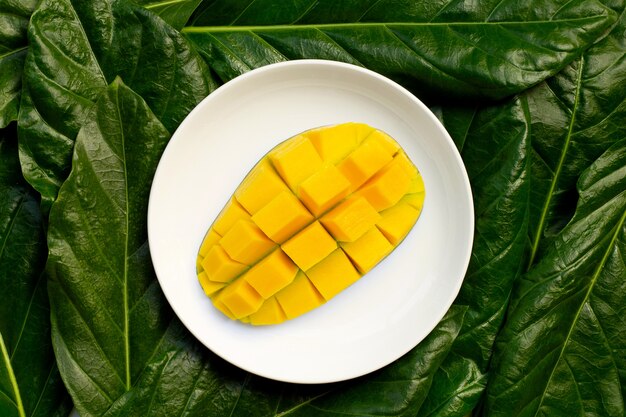 Mango on white ceramic plate on leaves. Top view