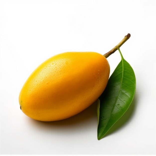 A mango with a green leaf that says " the word mango " on it.
