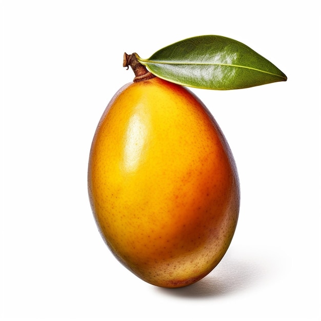 A mango with a leaf on it