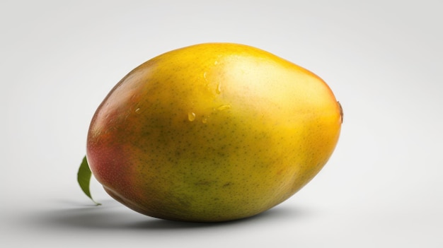 A mango with a leaf on it