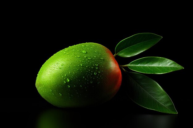 A mango with a leaf that has a green leaf on it