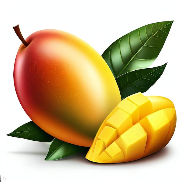 Photo mango with a leaf on top and a sliced mango on the side