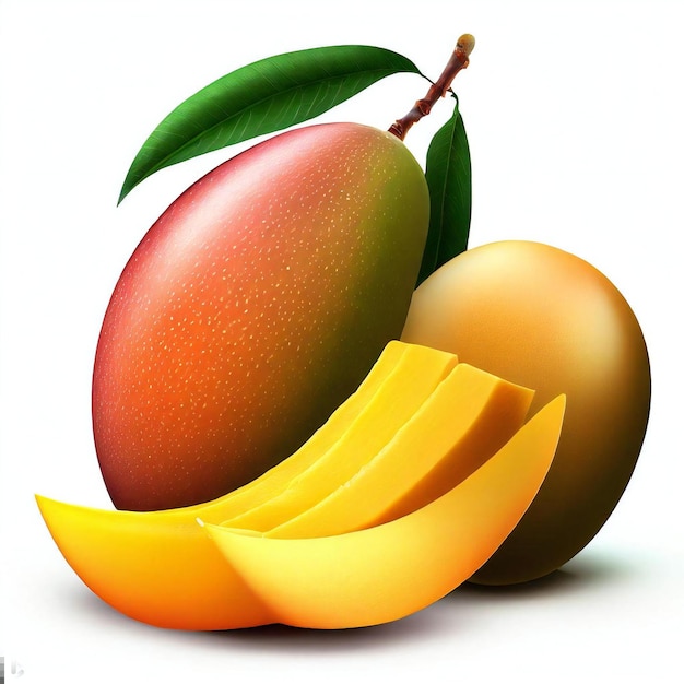 Mango with a leaf on top and a sliced mango on the side