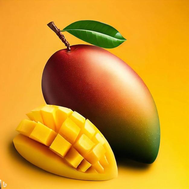 Mango with a leaf on top and a sliced mango on the side