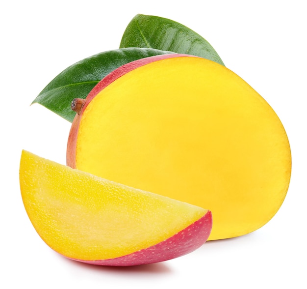 Mango with leaves isolated on white. Ripe fresh mango half Clipping Path