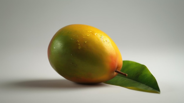 A mango with the leaves on it