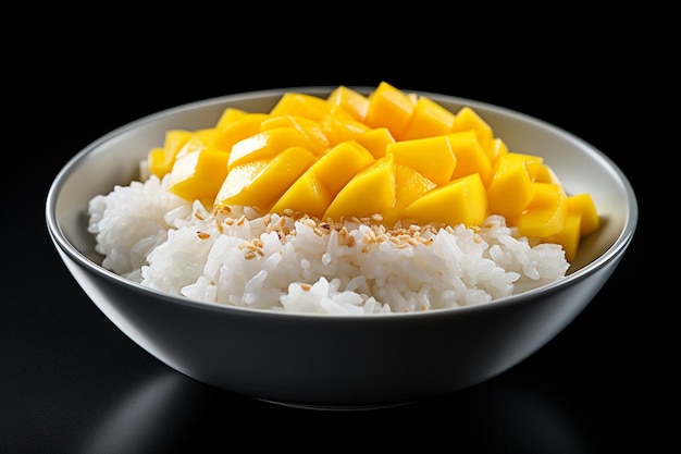 Foto mango con riso appiccicoso è un tipico dessert thailandese fatto con riso glutinoso e salsa di latte di cocco