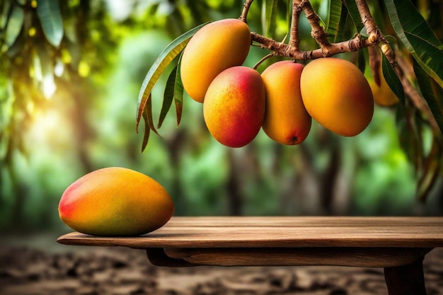 a mango on a wooden board with a tree branch in the background