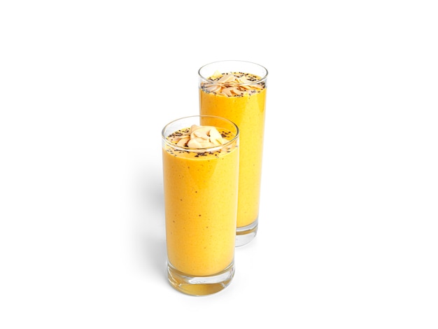 Mango yogurt with chia seeds and almonds isolated.