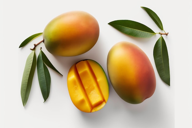 Mangoes are on a white background with leaves and the word mango on it.