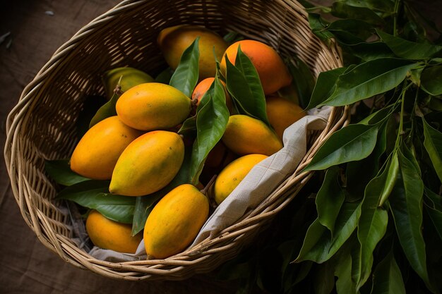 Photo mangoes arranged in a basket with a handwritten recipe card