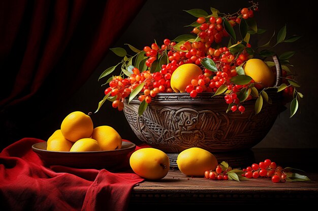 Mangoes arranged in a decorative bowl with berries and cherries