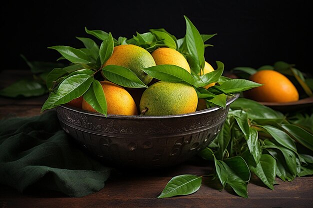 Mangoes arranged in a decorative bowl with lemon verbena leaves