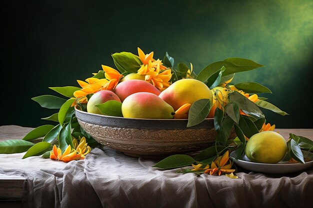 Mangoes arranged in a decorative bowl with slices of ripe guava