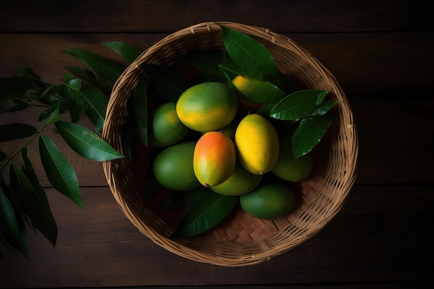 Mangoes in a basket on a wooden table