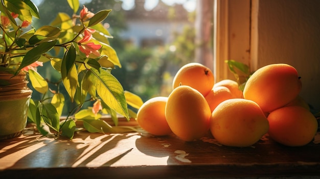 Mangoes on a sunlit windowsill