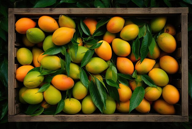 Mangoes in a wooden crate on a field in the style of aerial photography