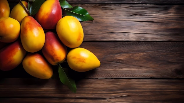 Mangoes on a wooden table with a wooden background