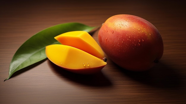 Mangofruit met mangoschijfjes en bladeren op een houten tafel