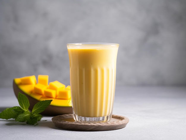 Mangolassi in een glas met mangoschijfjes op een houten onderzetter