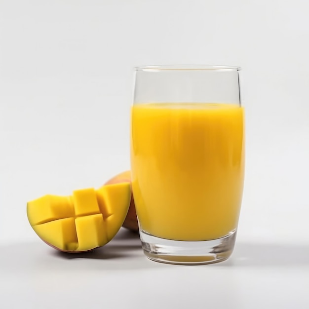 Mangosap wordt naast een mangoschijfje in een glas gegoten.