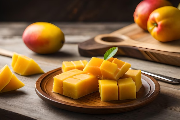 Mangoschijfjes op een bord naast een mango