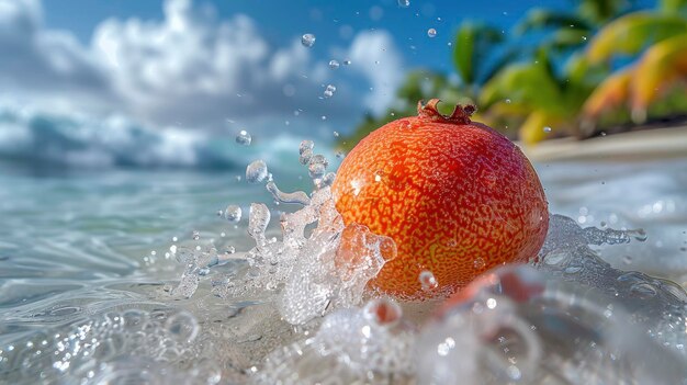 Mangosteen hovering above the crystal clear water beside palm leaves wide lens ultra