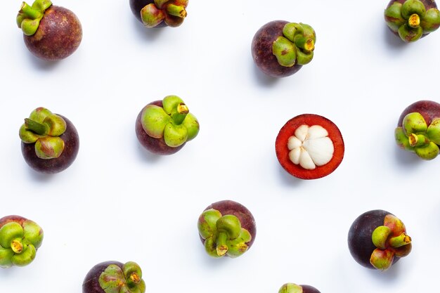 Mangosteen on white background. Top view