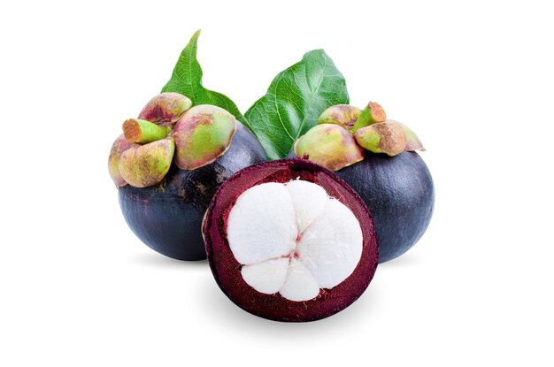 Mangosteen with leaves isolated on white background