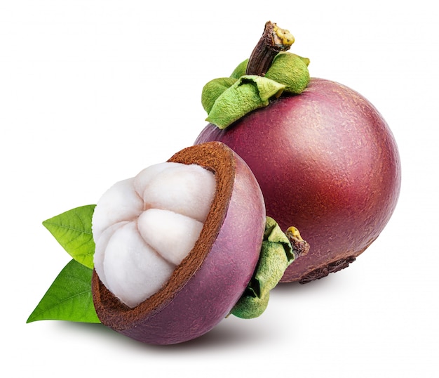 Mangosteens with leafs isolated 