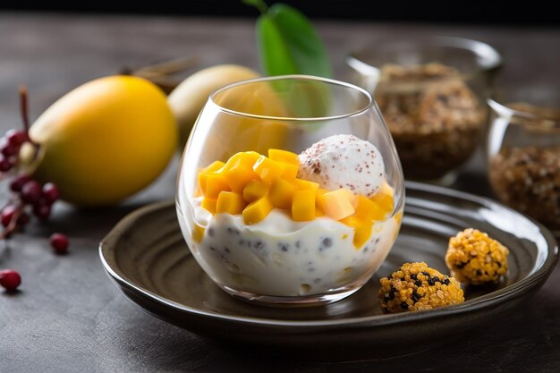 Mangoyoghurt in een glazen kom met een bord koekjes ernaast.