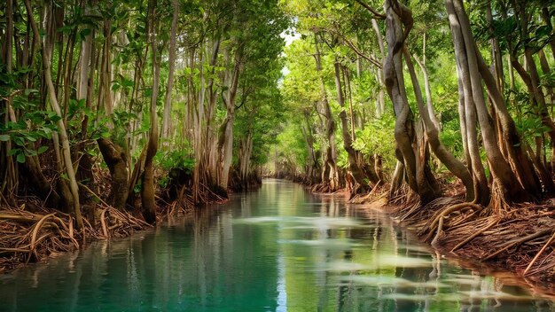 Photo mangrove and crystal clear water stream canal at tha pom klong song nam mangrove wetland krabi thai