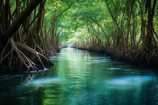 Mangrove and crystal clear water stream canal at tha pom klong song nam mangrove wetland krabi