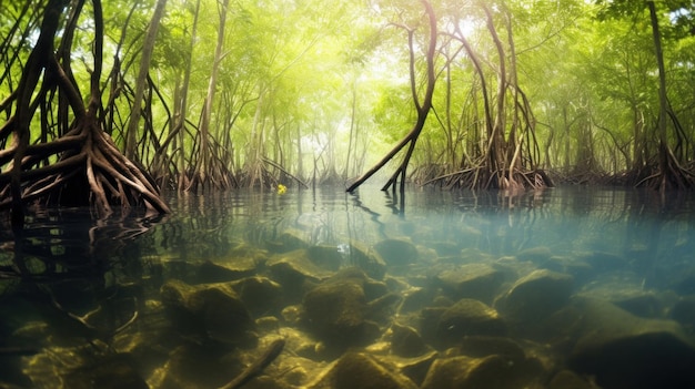 写真 マングローブの森 洪水に覆われた木々と水中の生態学を持つマングロブの森の水中写真