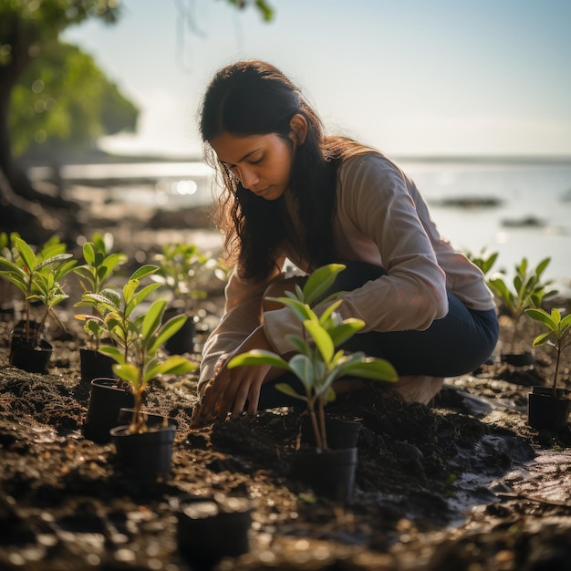 Сохранение мангровых деревьев Женщина сажает мангровые деревья в прибрежной зоне