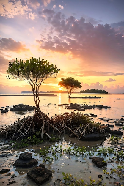 日没時のバタム島のタンジュン・ピンギル・ビーチのマングローブの木とサンゴ、AIが生成