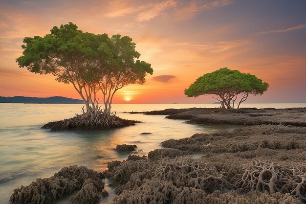 Mangrove trees and coral at tanjung pinggir beach on batam island at sunset