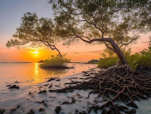 日没時のバタム島のタンジュンピンギルビーチのマングローブの木とサンゴ