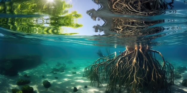 Мангровые деревья корни над и под водой