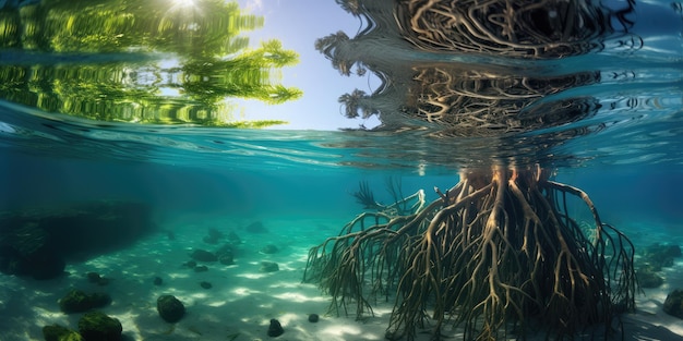 Mangrove trees roots above and below the water