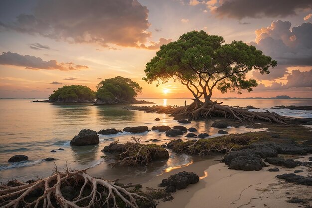 Mangrovebomen en koraal op het strand van tanjung pinggir op het eiland Batam bij zonsondergang