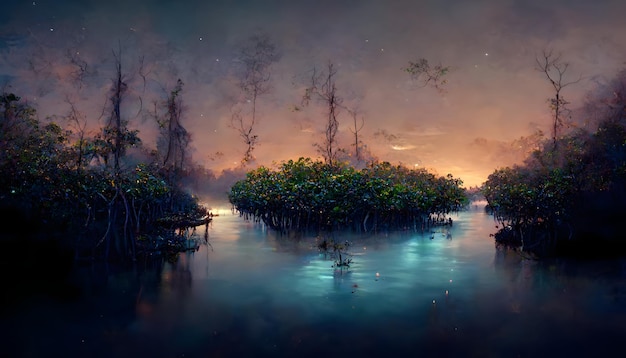 Mangroven aan de oevers van de rivier 's nachts neuraal netwerk gegenereerde kunst
