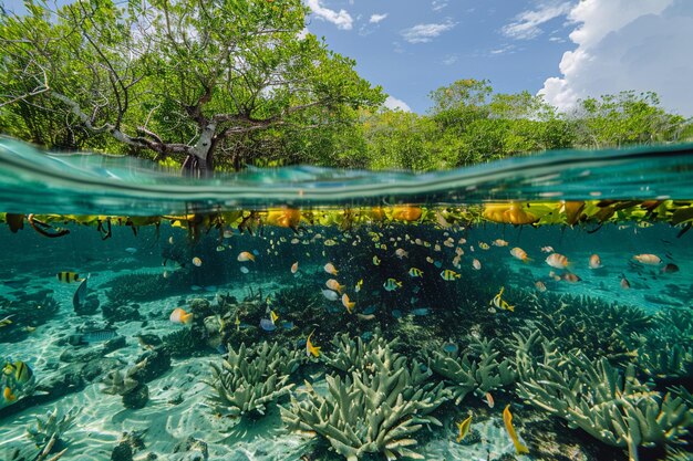 Foto mangrovie e pratiche di pesca sostenibile che mettono in evidenza il ruolo degli ecosistemi nella resilienza al clima e nel sequestro del carbonio