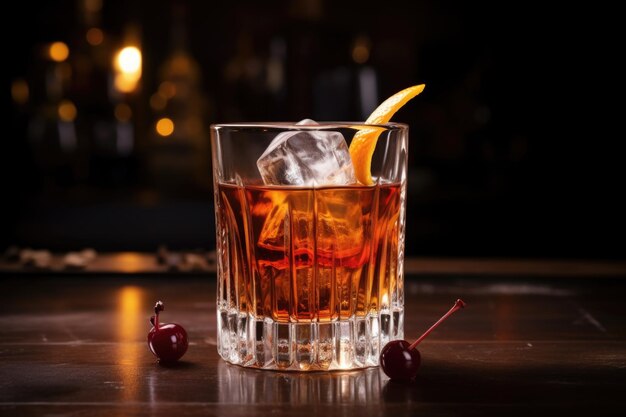 Manhattan cocktail served with cherry garnish and ice