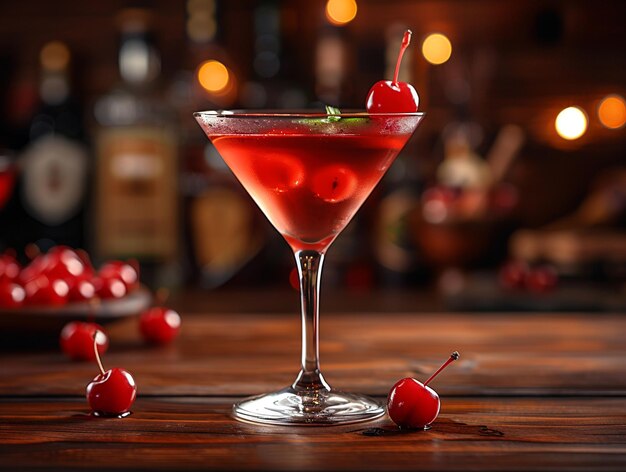 Foto cocktail di manhattan con guarnizione di ciliegie e luci rosse bokeh