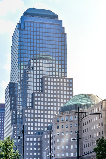 Manhattan financial district buildings on a sunny day. Architecture and business concepts. Manhattan, New York City, USA.